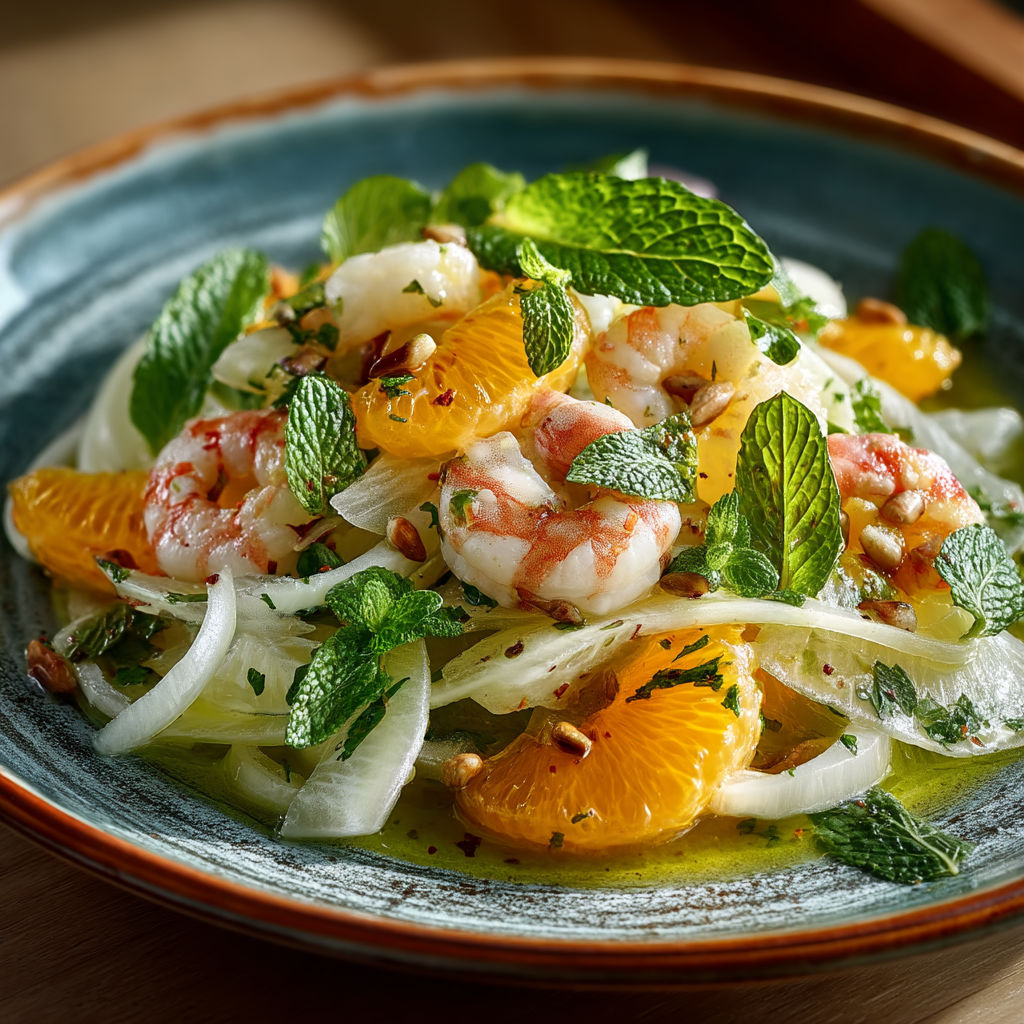 Une salade de fenouil à l'orange et aux crevettes.