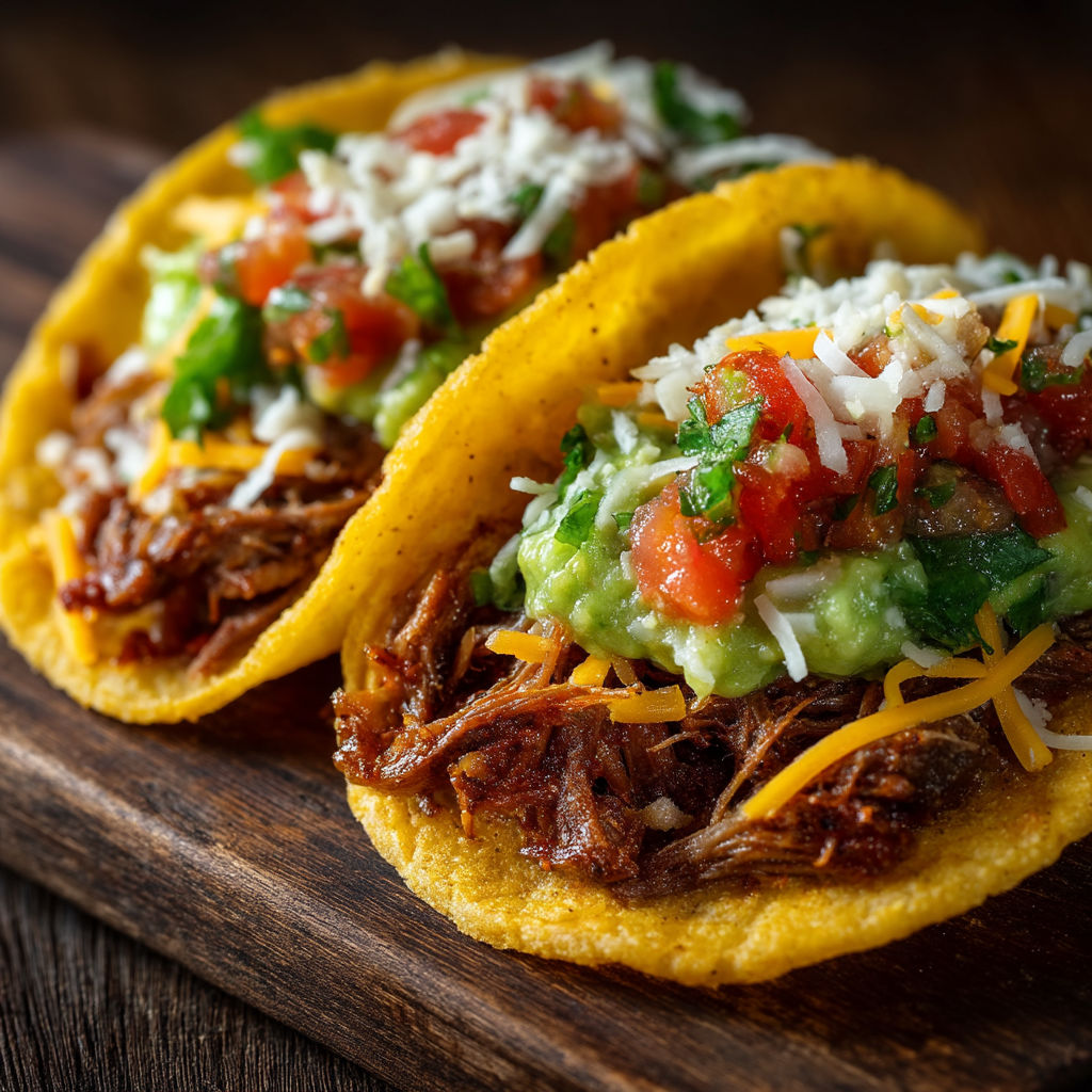 Two tacos with meat and vegetables.