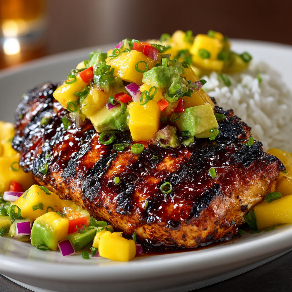 Un plat de poisson avec des légumes et des fruits.