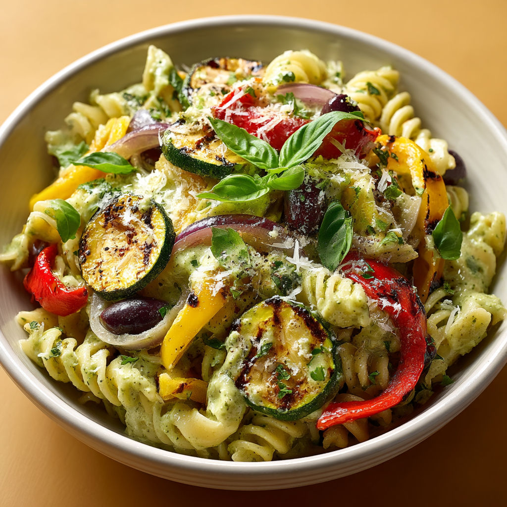 Une assiette de spaghetti avec des légumes et des herbes.