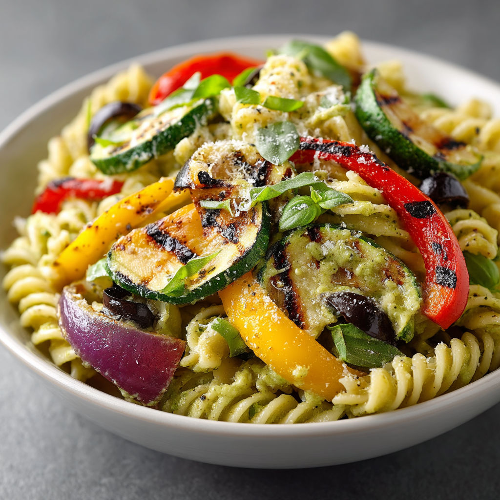 Une assiette de spaghetti avec des légumes grillés.
