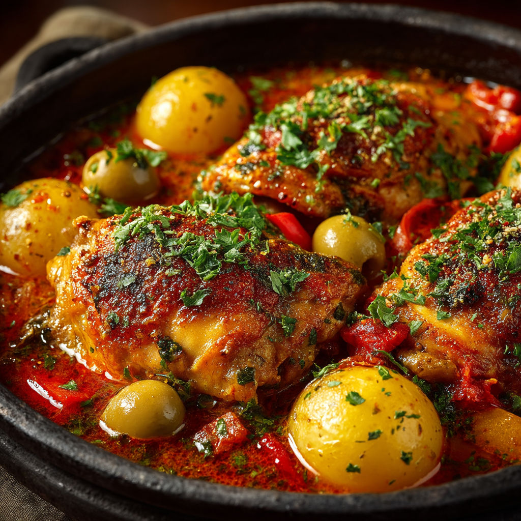Poulet aux olives et pommes de terre.