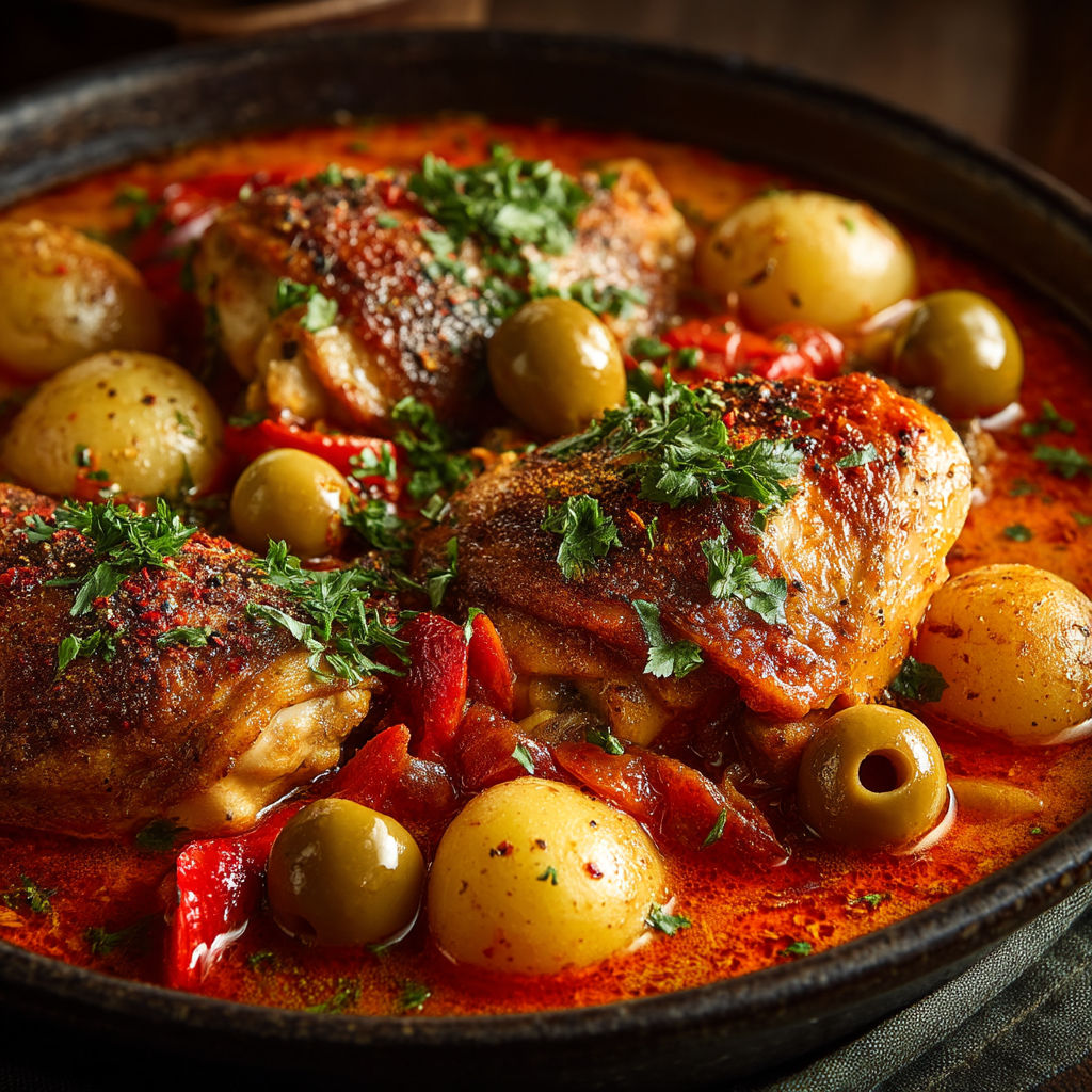Un plat de viande avec des olives et des pommes de terre.