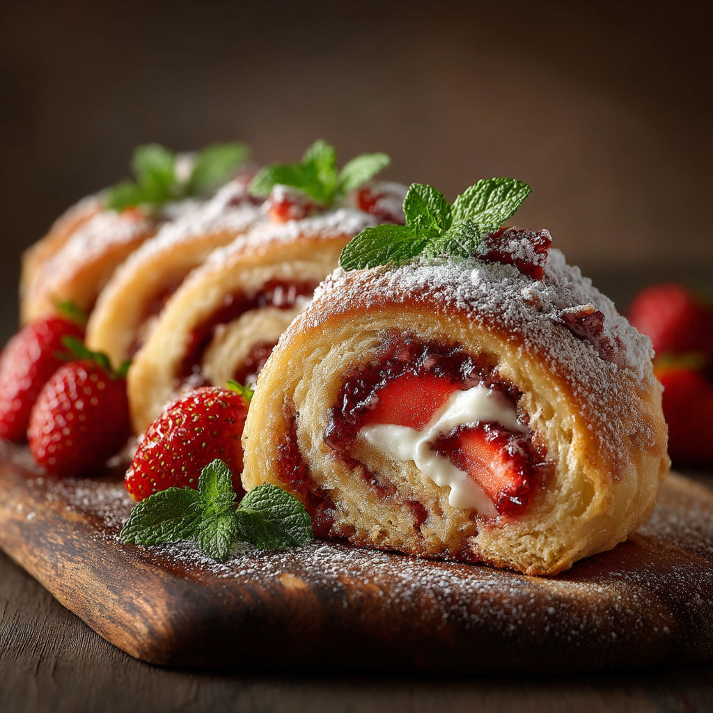 Une brioche roulée aux fraises sur une planche de bois.