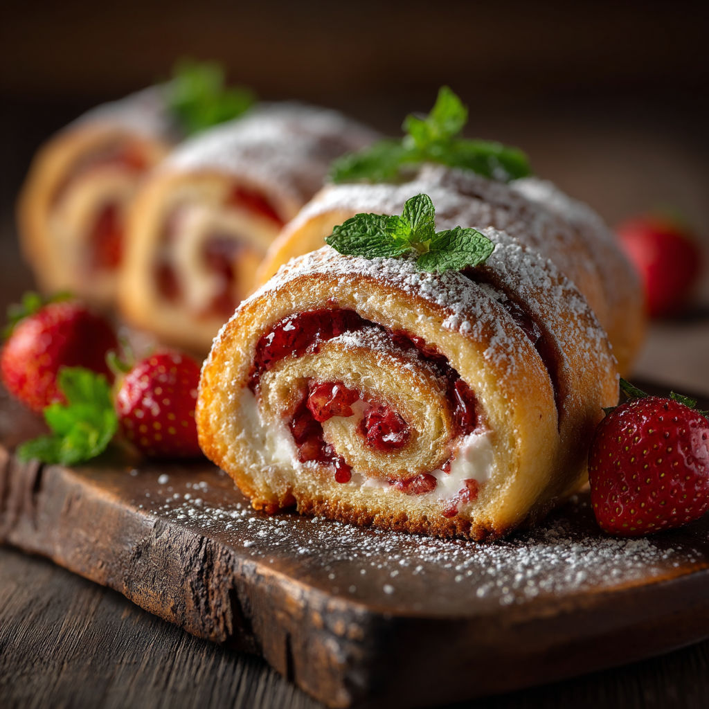 Une brioche roulée aux fraises sur une planche de bois.