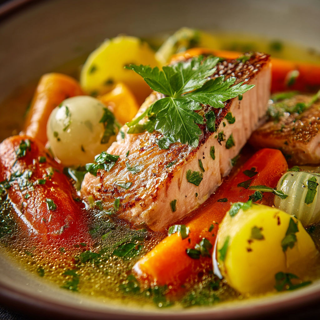 Un plat de poisson et légumes.