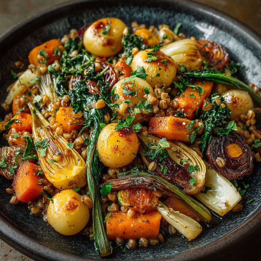 Poêlée de petit épeautre aux légumes d'hiver.