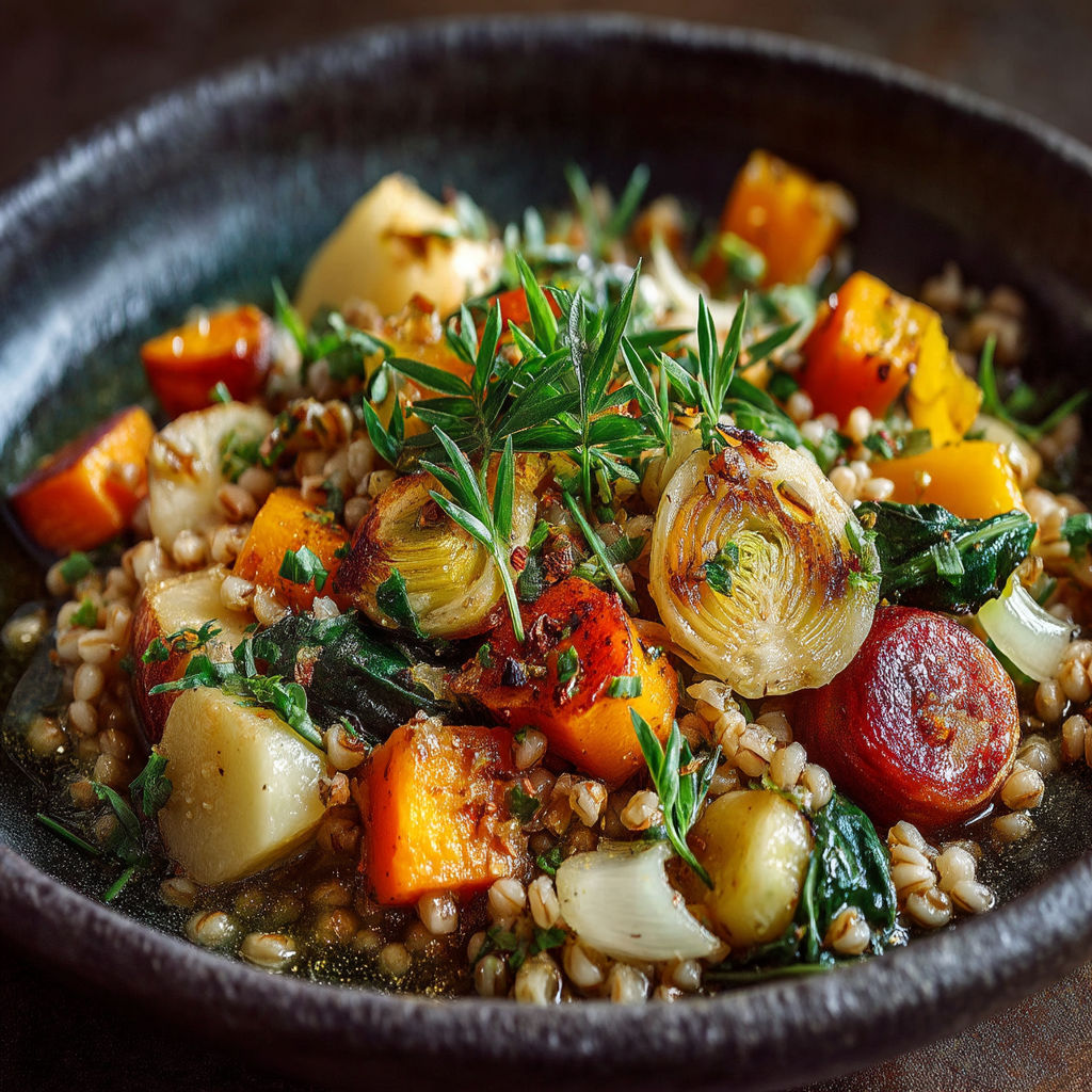 Une assiette de légumes et graines.
