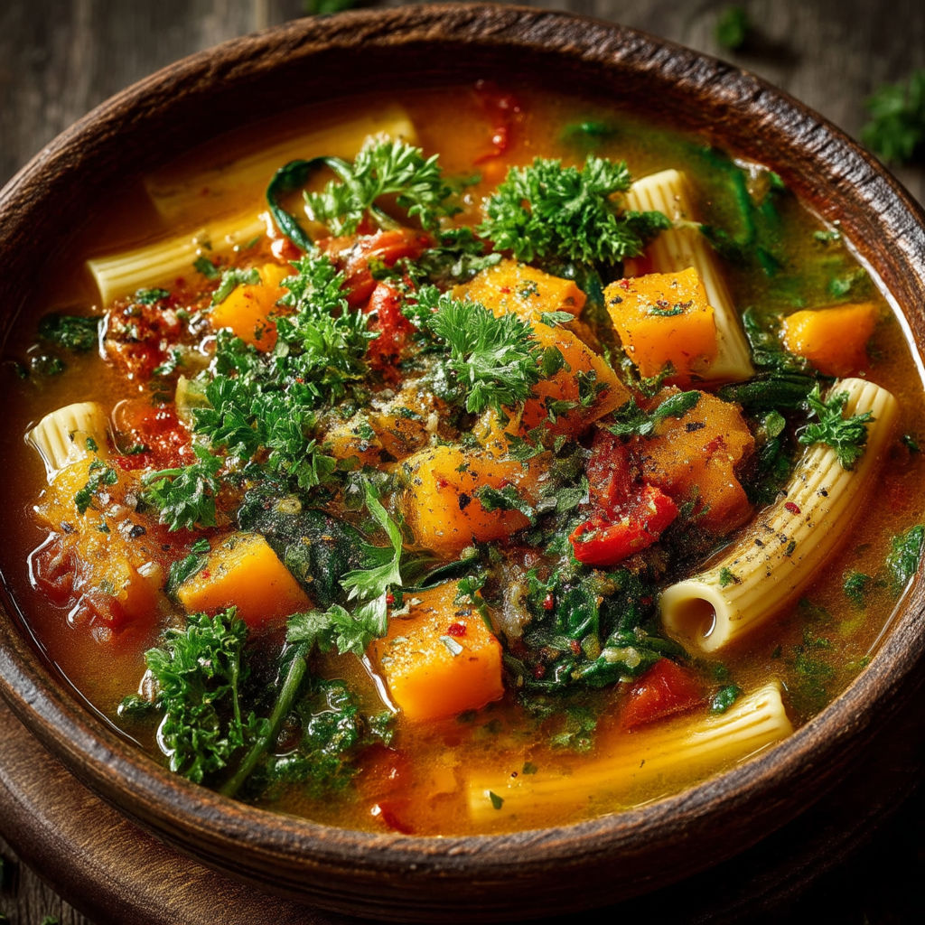 Une soupe chaude avec des pâtes et des légumes.