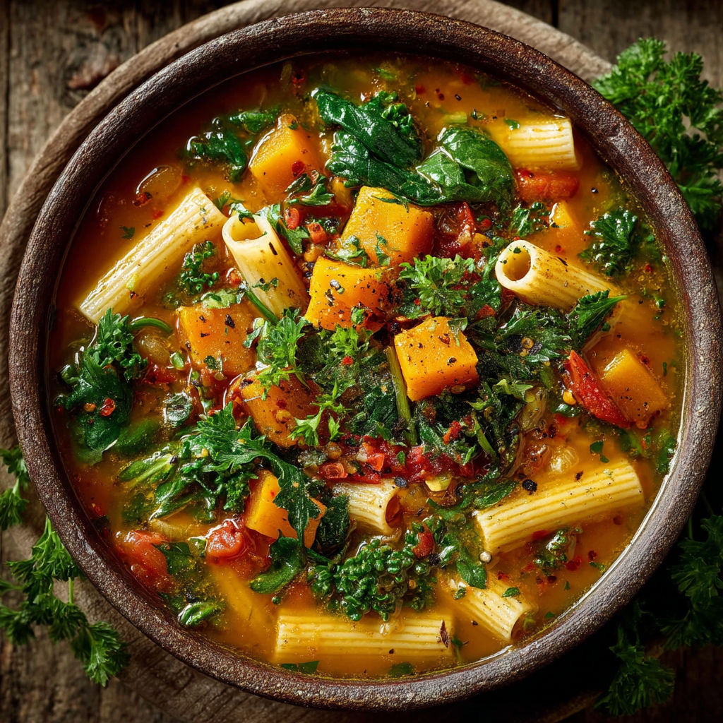 Une soupe de légumes et de macaronis.