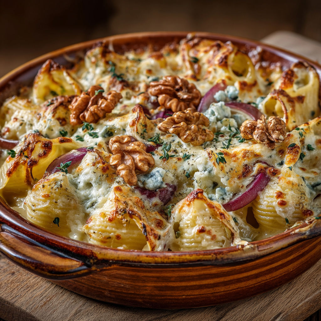 Gratin de pâtes collerettes au Bleu, Poires & Noix.