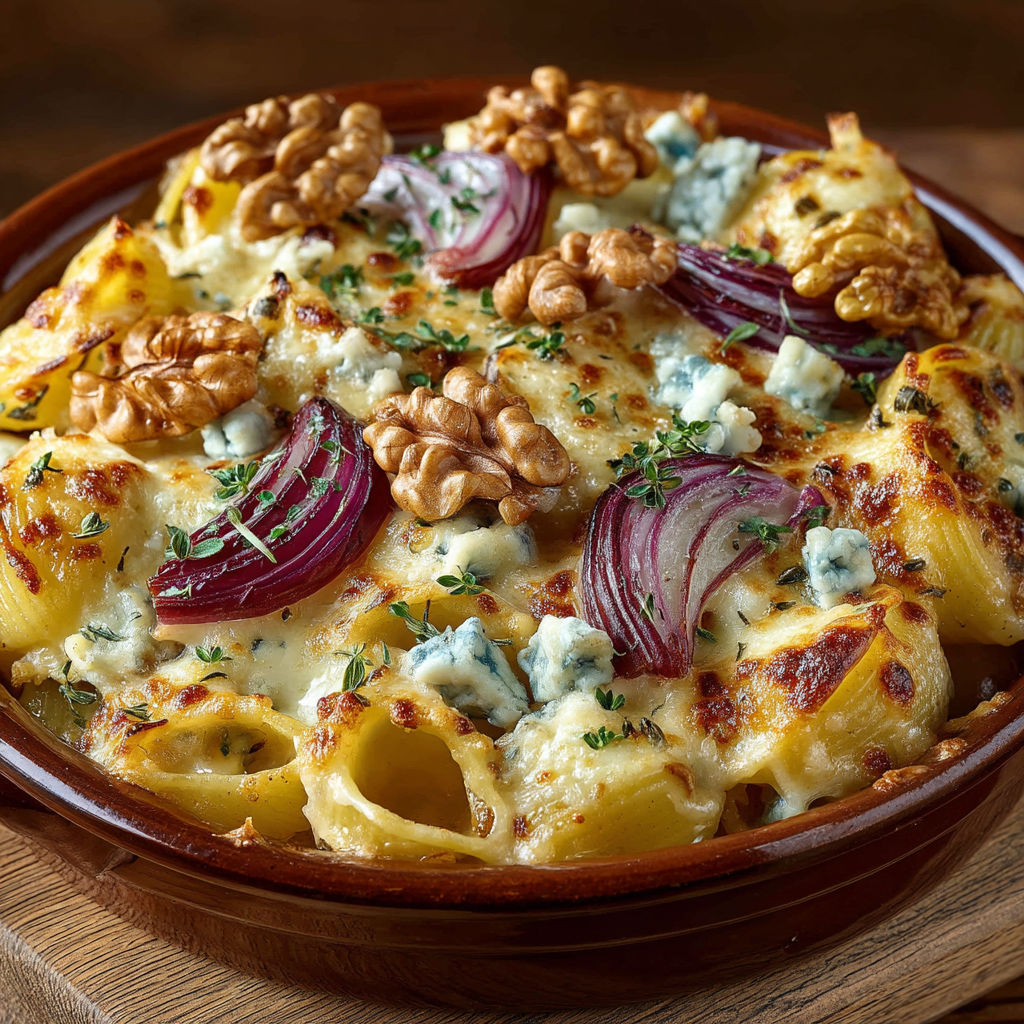 Une assiette de macaroni au fromage et aux noix.
