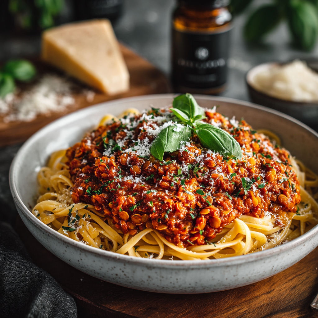 Une assiette de sauce bolognaise végétarienne au chou-fleur.