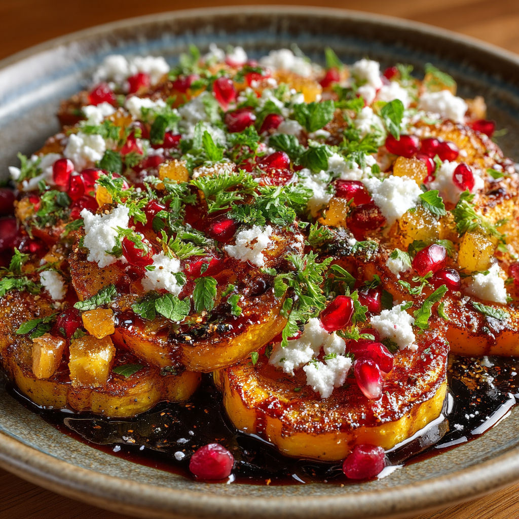 Une assiette de courge rôtie à la grenade et feta.