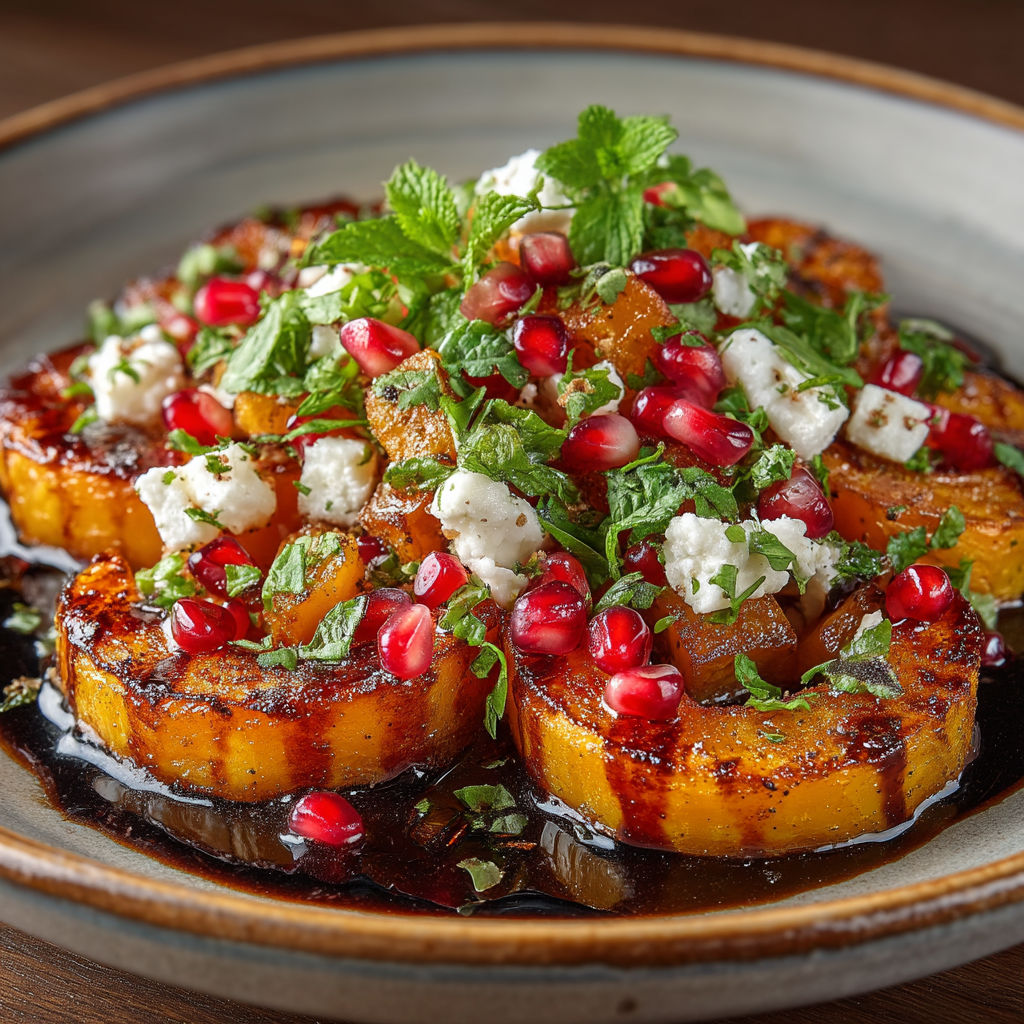 Une assiette de courge butternut rôtie à la Grenade et Feta.