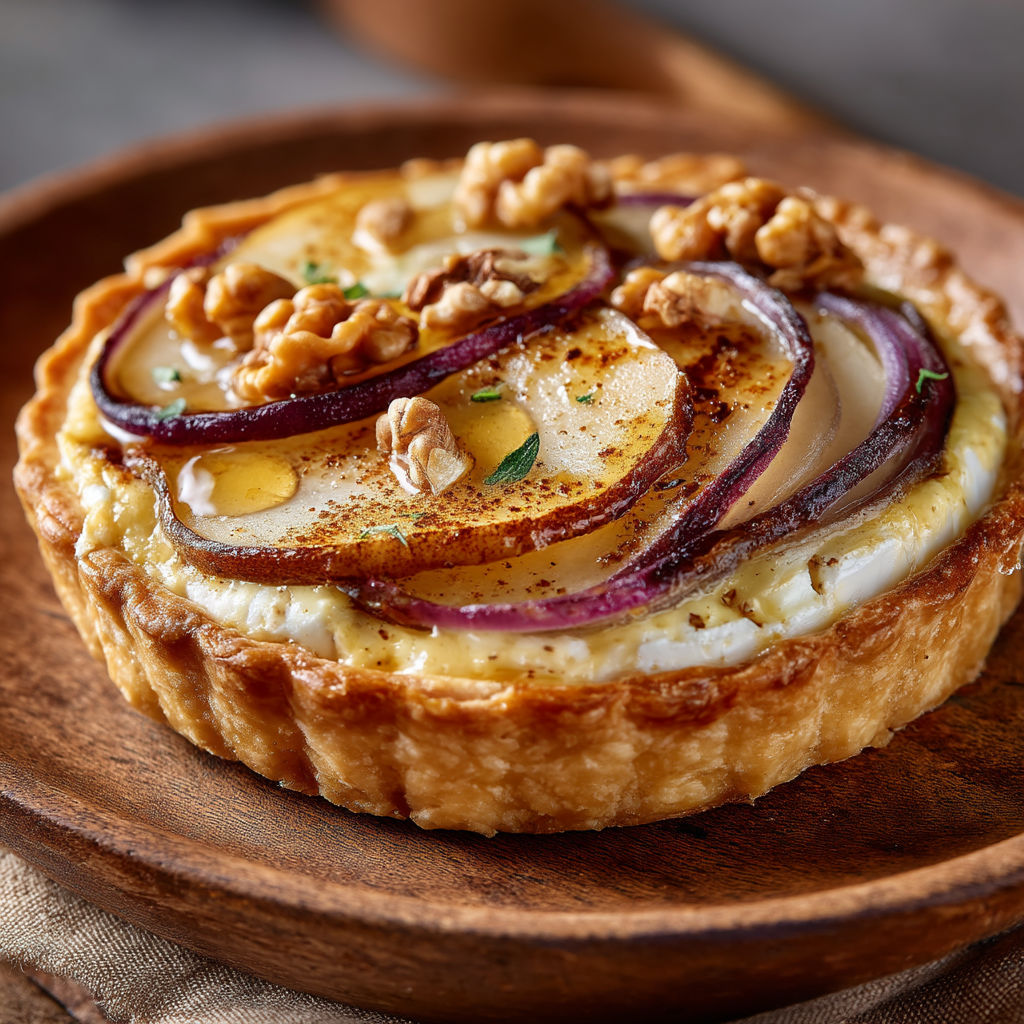 Une tarte au chèvre et aux poires sur un plateau.