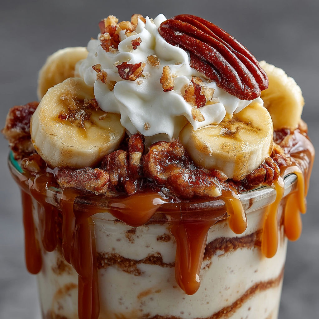 Un dessert avec des bananes, des noix, du bacon et du caramel.
