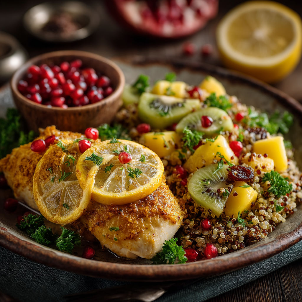 Papillotes de poulet au curcuma et quinoa aux fruits.