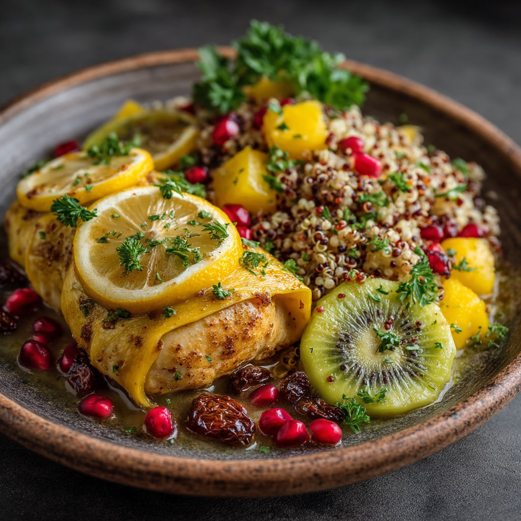 Une assiette de fruits et légumes, y compris des pommes, des kiwis et des raisins, avec des épices et des herbes pour accompagner.
