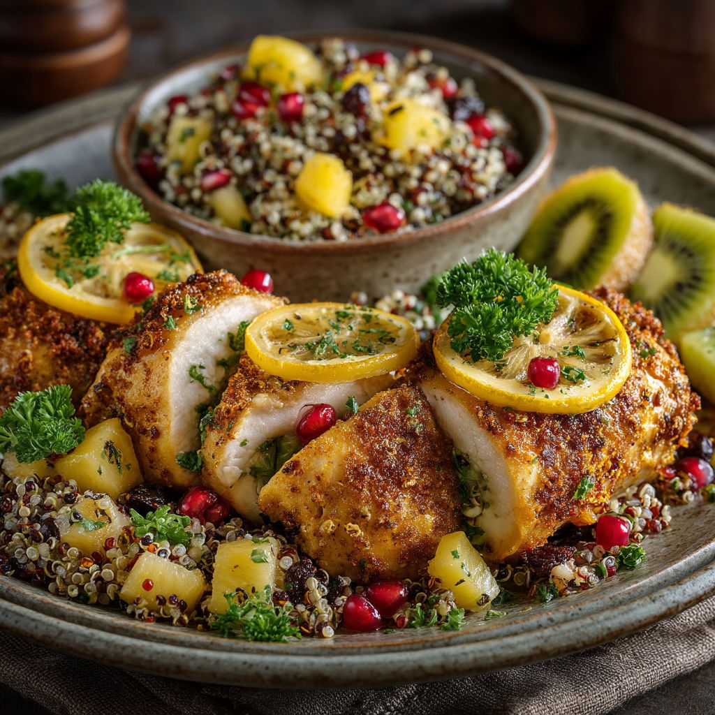Un plat de poulet avec des fruits et des graines.