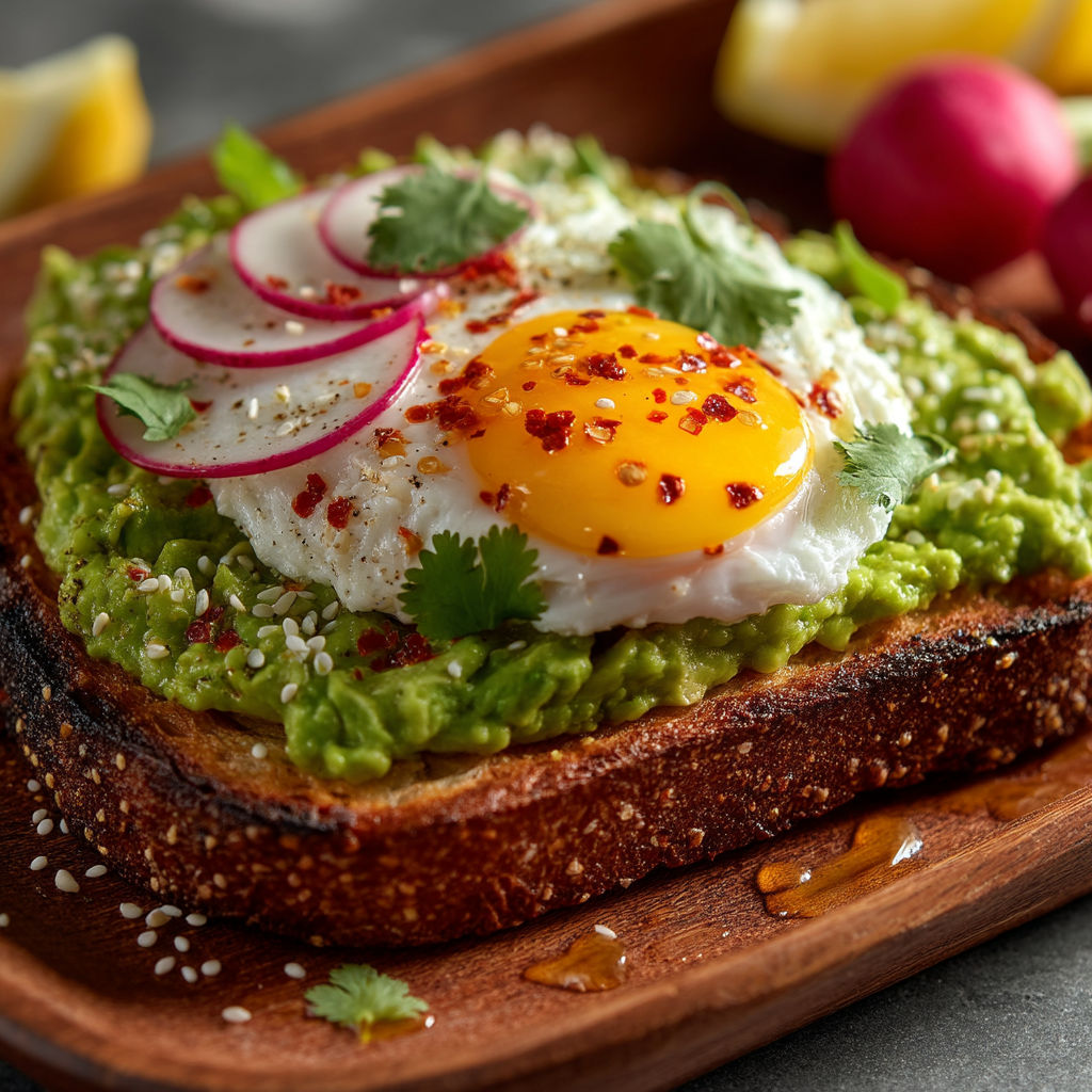 Une tranche de pain grillé avec une tranche d'avocat et un œuf poché aux graines germées.