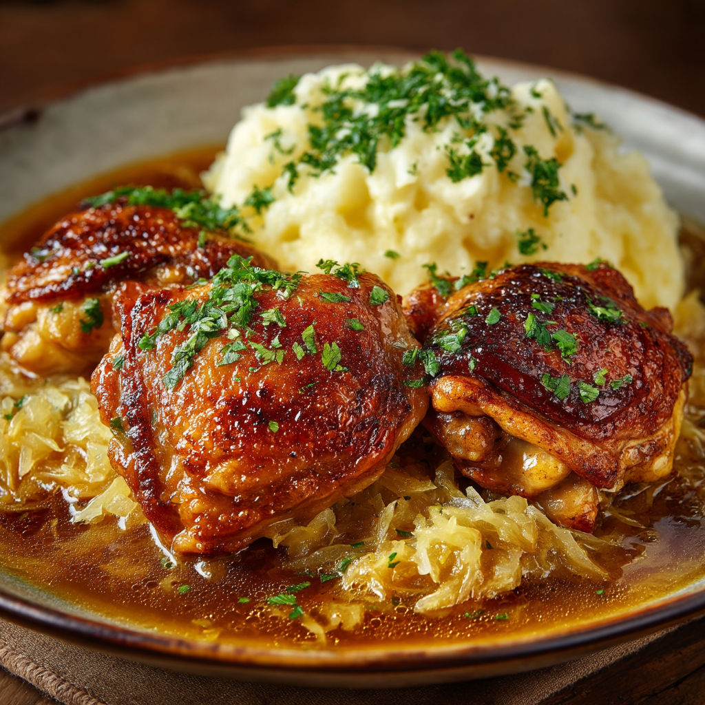 Des cuisses de poulet grillées avec une purée de choucroute.