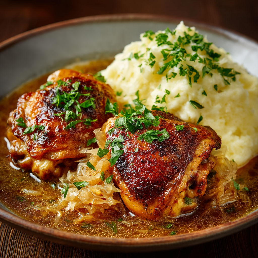 Une assiette de poulet et de pommes de terre.