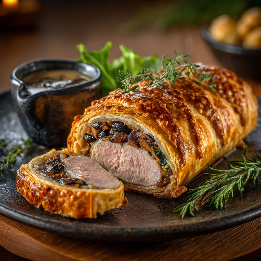 Un filet mignon en croûte aux champignons sur un plateau.