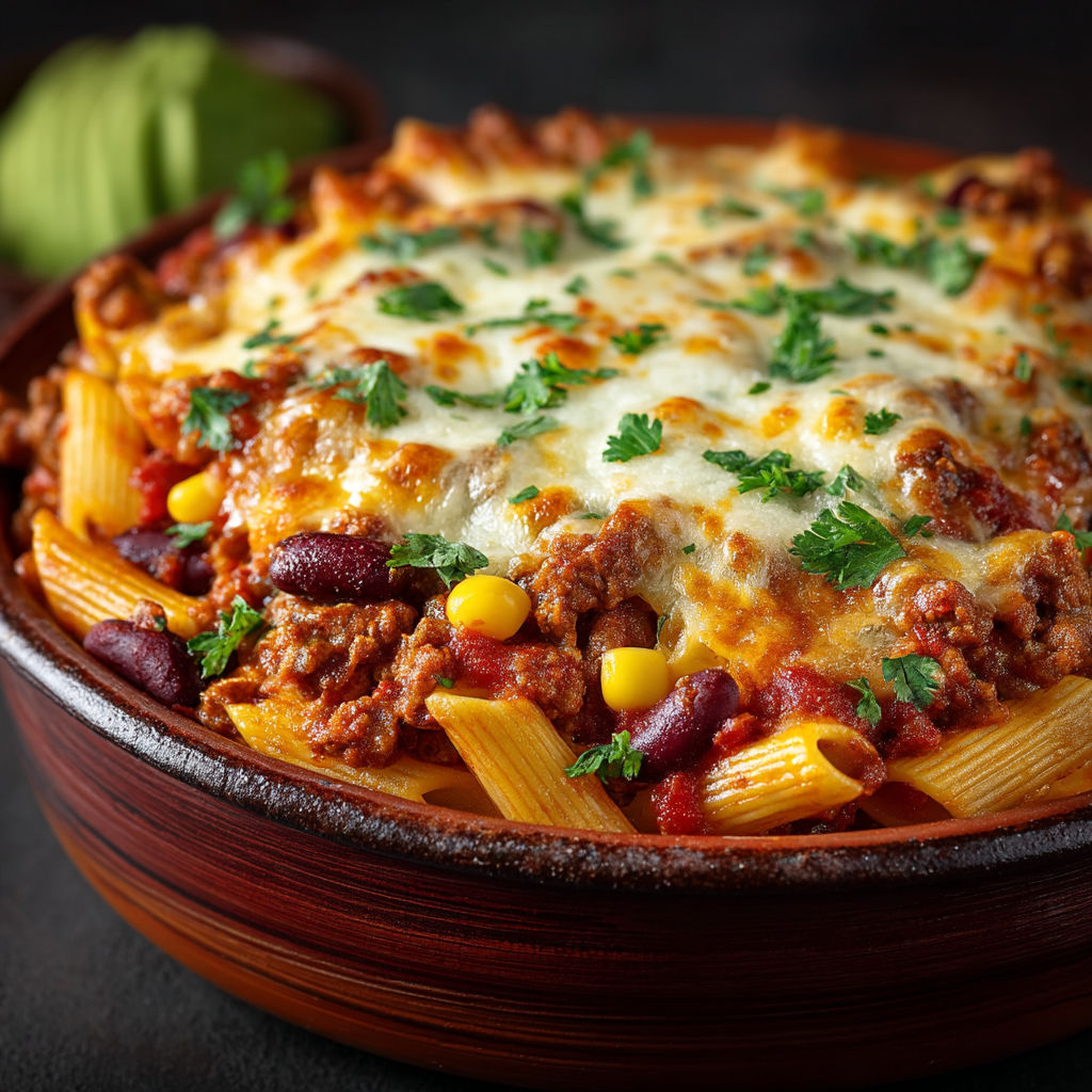 Gratin de pâtes façon chili con carne.