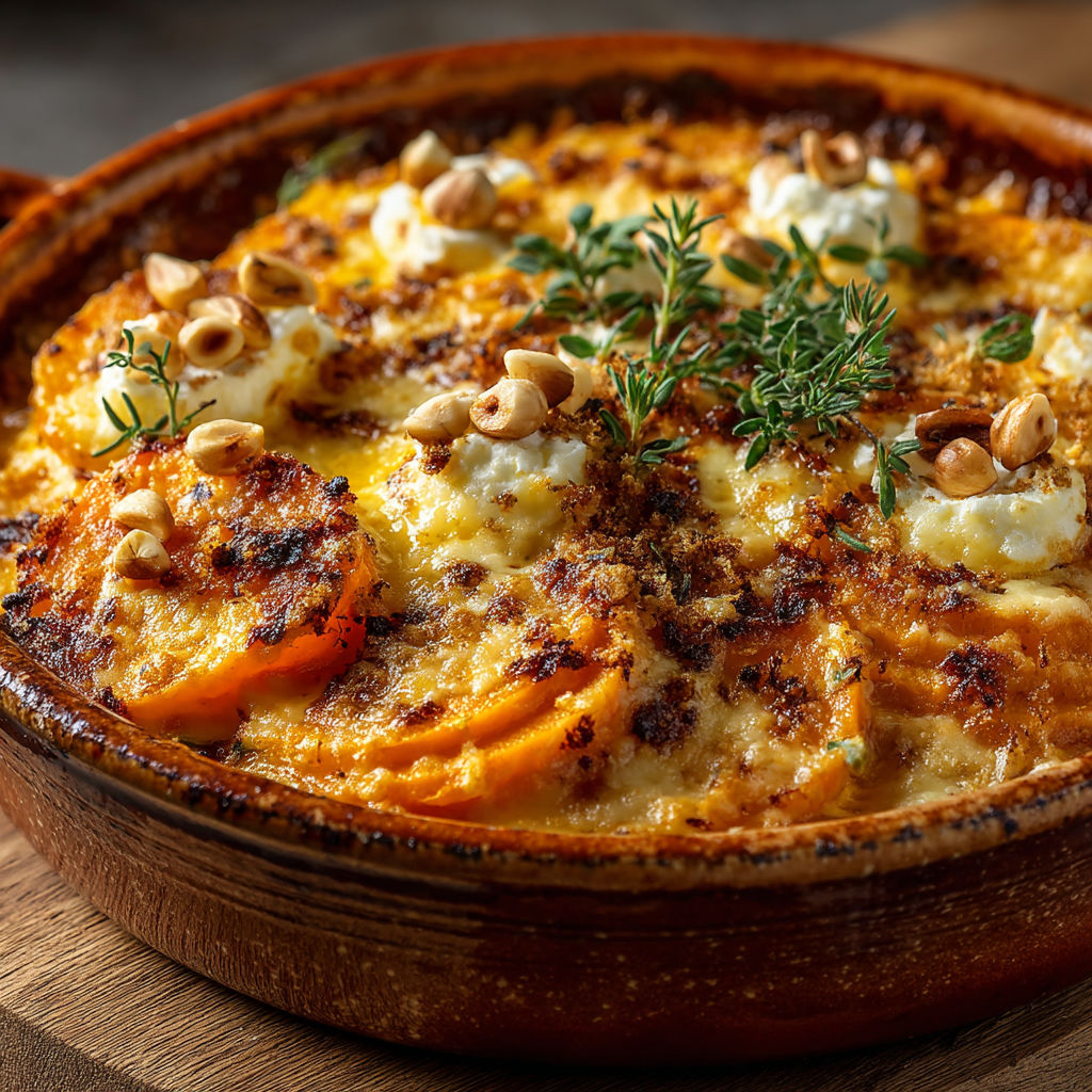 Gratin de patates douces au chèvre et noisettes.