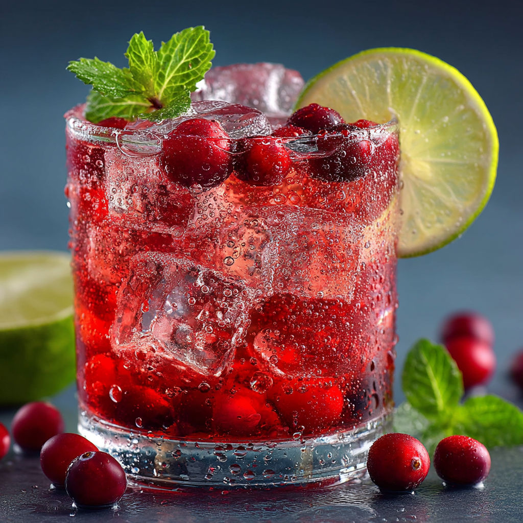 Un verre de boisson avec des fruits rouges et des limes.