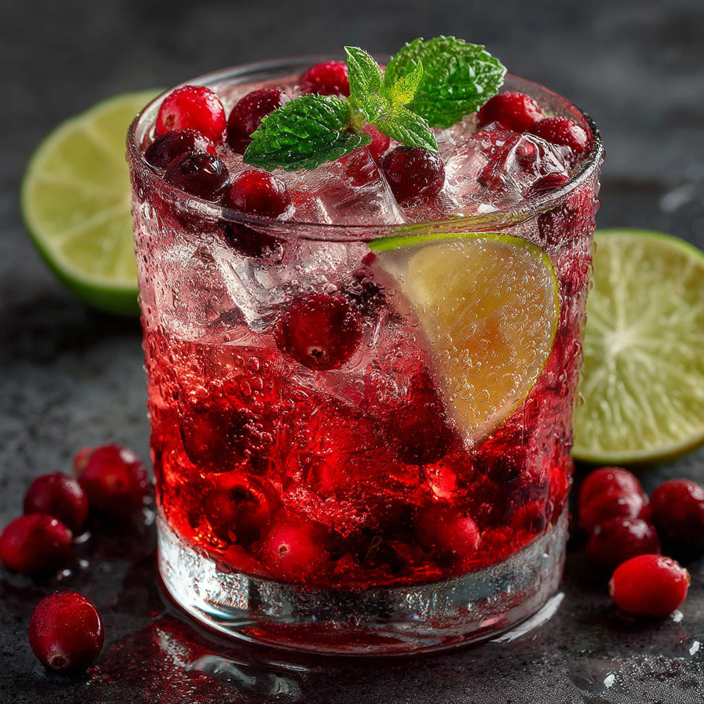 Un verre rempli de boisson avec des fruits rouges et des herbes.