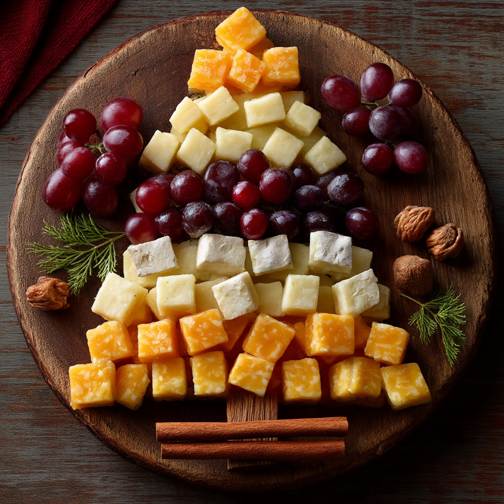 Une miniature de Noël en forme de pyramide, composée de fromage, raisins et baies.