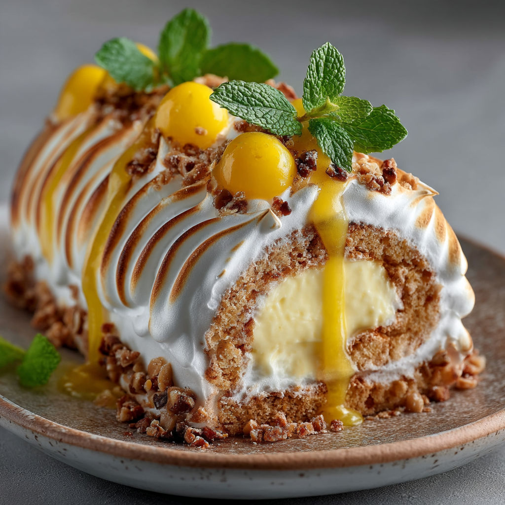 Une bûche de citron, limoncello et noisettes sur un plateau.
