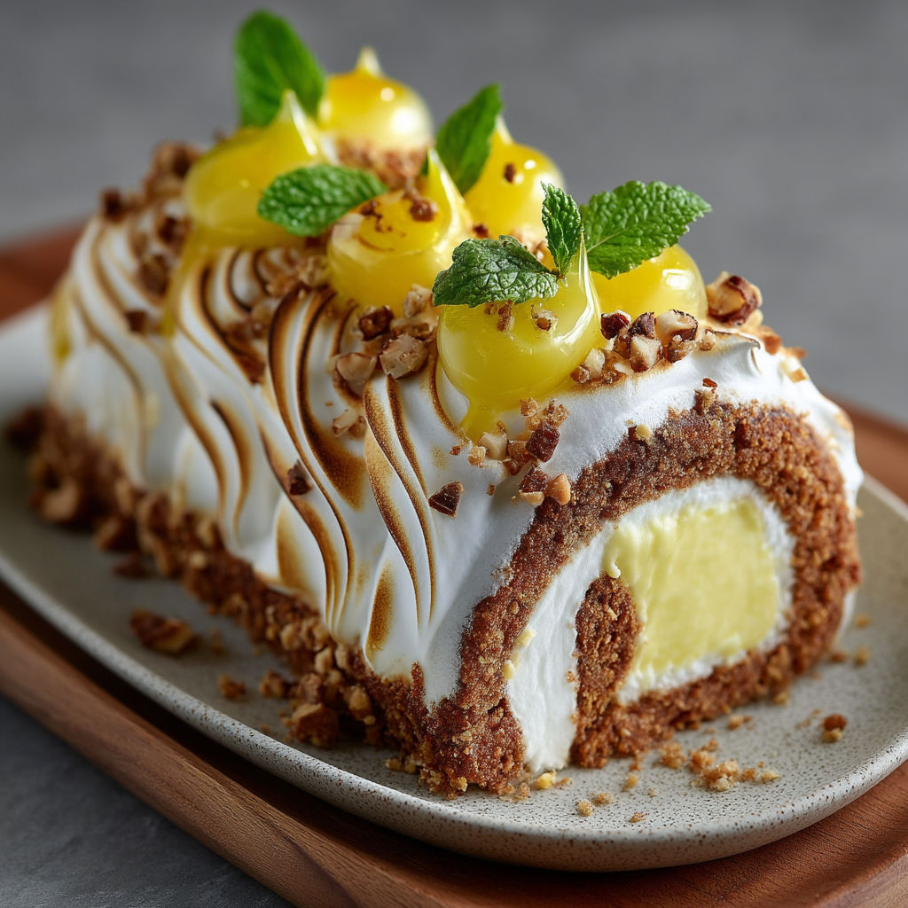 Une tarte aux fruits et crème, garnie de menthe et de noix de coco.