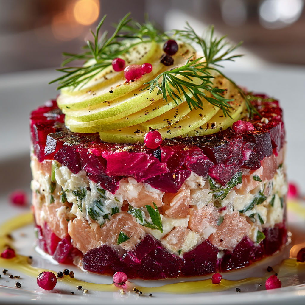Une tartine de tartare de betterave, truite fumée et fromage frais.