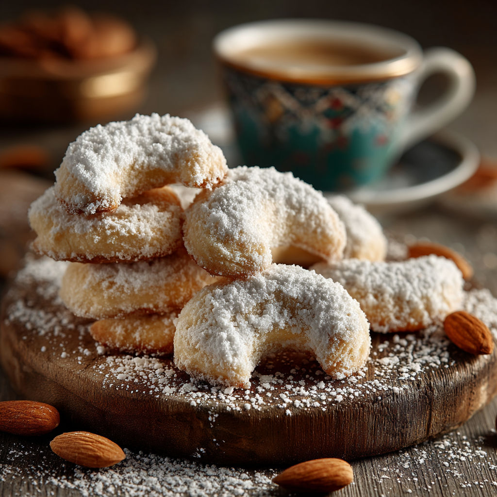 Desserts with powdered sugar and coffee.