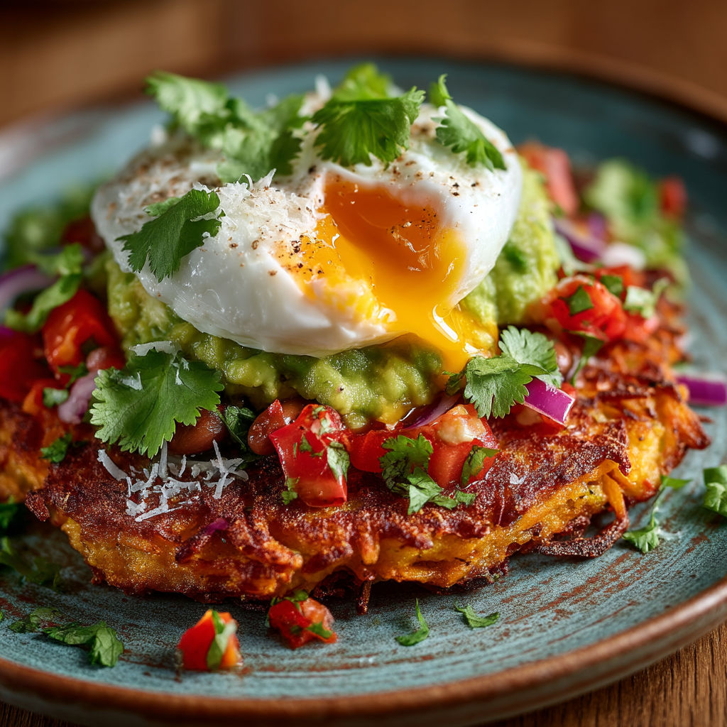 Une pâte de patate douce avec une omelette et des avocats.