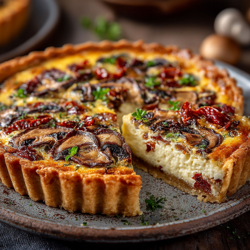Une tarte aux champignons, coppa et tomates séchées.