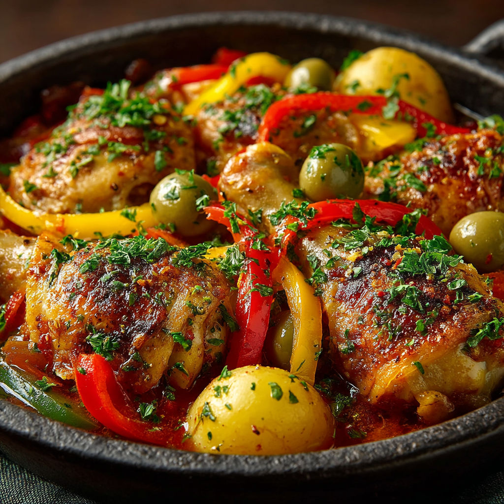 Cocotte de poulet aux poivrons et aux olives.