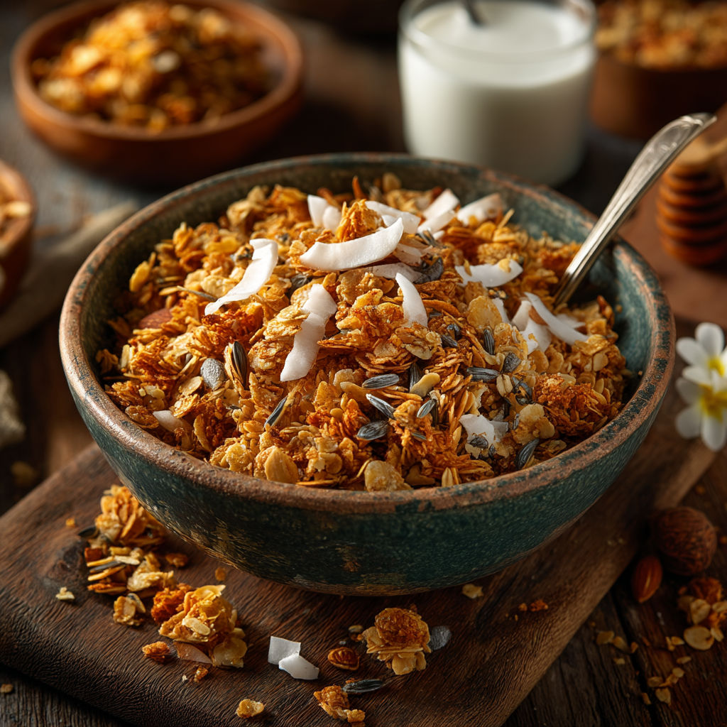 Un bol de granola avec des noix de coco.