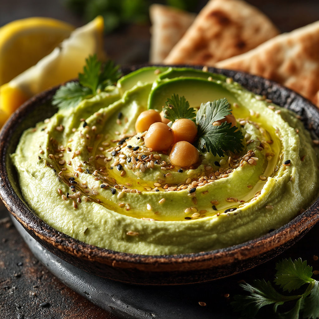Un plat de houmous avec des légumes verts.
