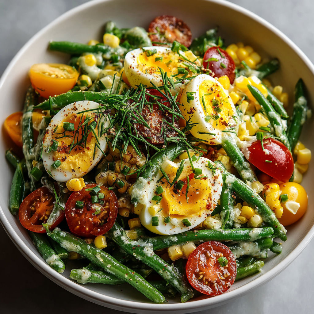 Une salade de tomates, aubergines, poivrons, asperges et oeufs.