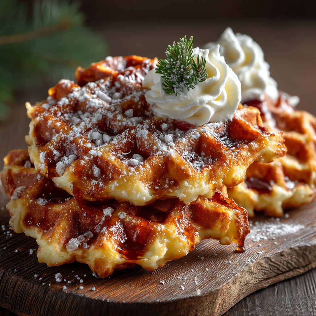 Une pile de waffles saupoudrés de sucre.