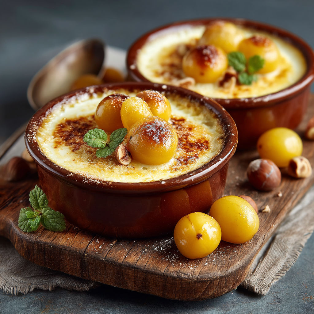Gratins de mirabelles à la poudre de noisette.
