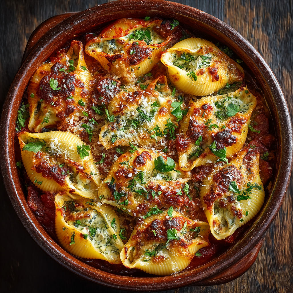 Une casserole de ravioli au tomate et aux herbes.