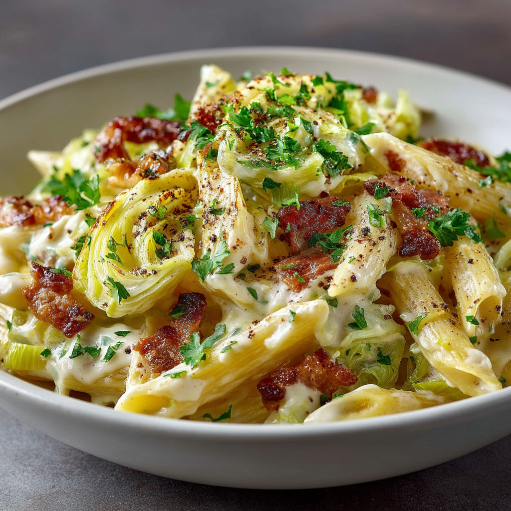 Une assiette de spaghetti avec des légumes et des bacon.