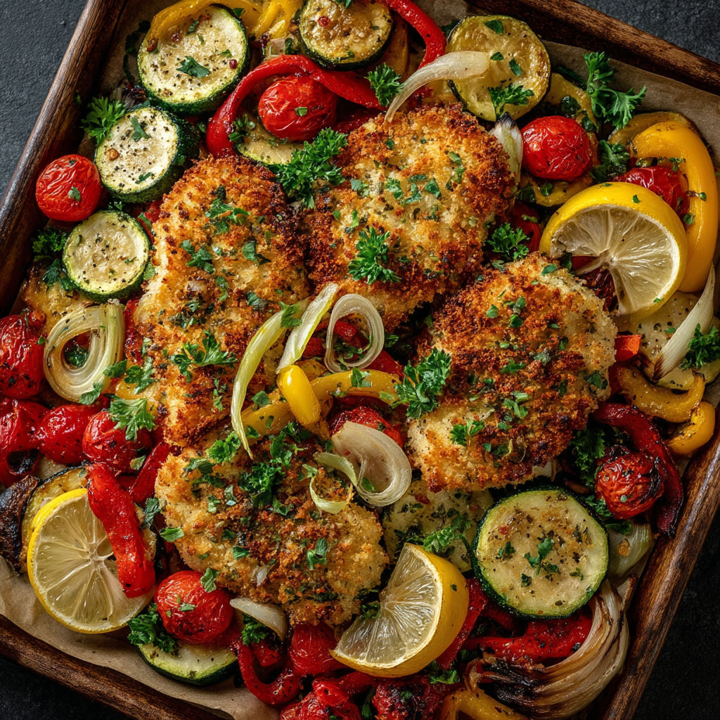 Pan de poulet pané au citron, parmesan et ail.