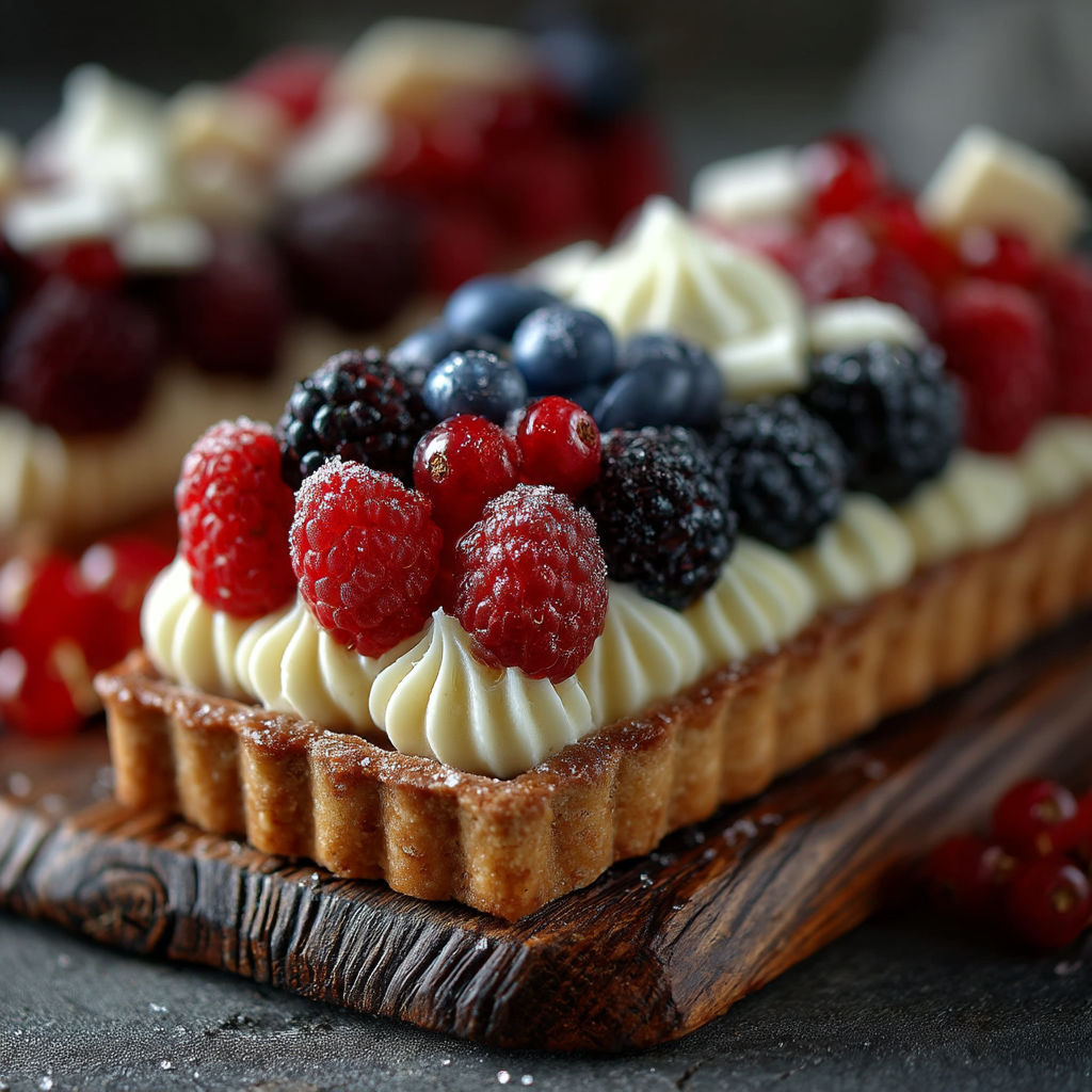 Une tarte aux fruits sur une planche de bois.