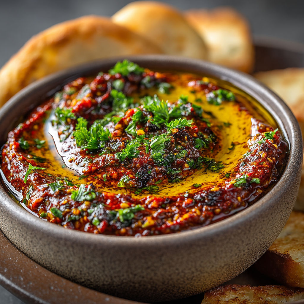 Une assiette de sauce avec des pains et des légumes.